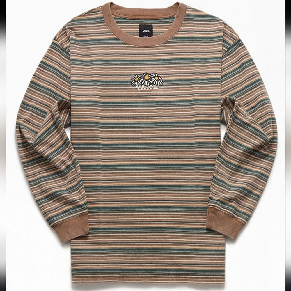 Vans Embroidered Daisy Logo Retro Striped Long Sleeve Cotton Top Shirt 70s Small